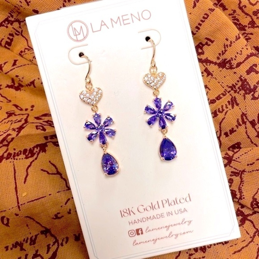 Brand New La Meno 18K Gold Plated Purple Gem Flower Heart Drop Earrings Handmade